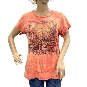 HARLEY-DAVIDSON Upcycled Orange Tie Dye Ladies Short Sleeve Tee Shirt Sz Large